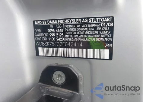 2003 Mercedes-Benz Sl 500R из США, поврежденный, VIN WDBSK75F33F042414